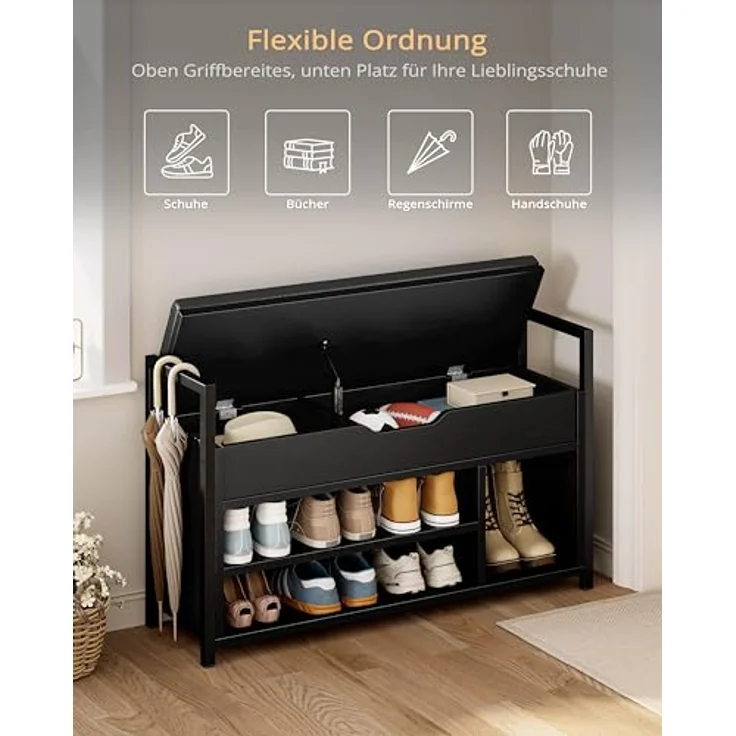 IRONCK Schuhbank mit Sitzfläche, Sitzbank mit Stauraum, Schuhschrank, offene Fächer, Metall Rahmen, Kunstleder, 130kg belastbar, Schuhregal für Eingang,Flur,Wohnzimmer,Schlafzimmer (Schwarz) – Bild 4