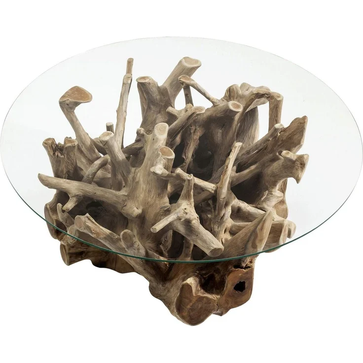 Kare Design Couchtisch Roots, Braun, 100cm Durchmesser, Beistelltisch, Wohnzimmertisch, Massivholz Korpus, ESG-Glas Tischplatte, handgemacht, Unikat, rund, 45 x 100 x 100 cm (H/B/T) – Bild 4