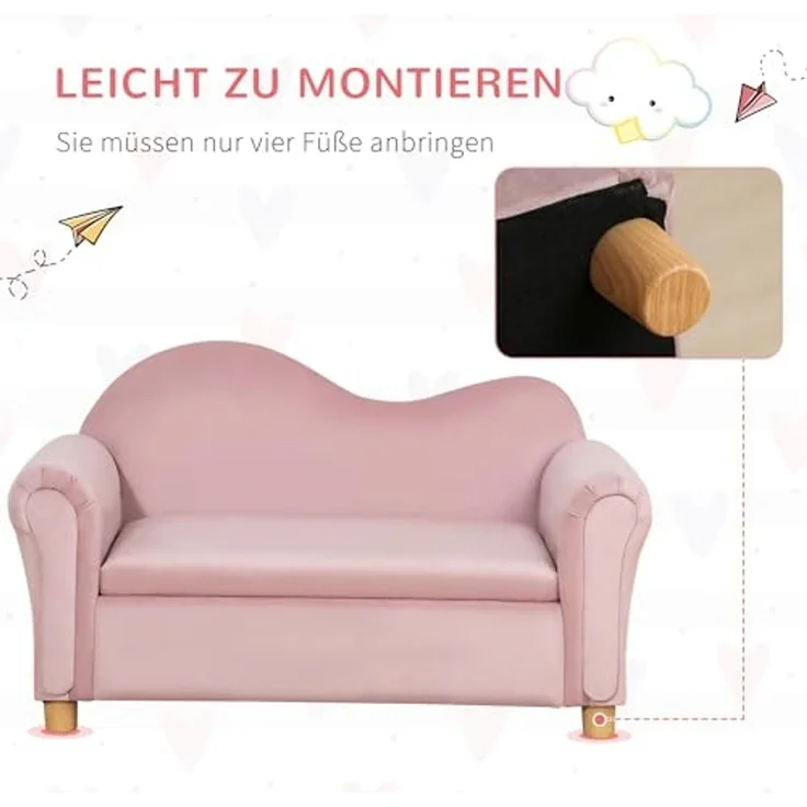 HOMCOM Sessel Zweisitzer mit Stauraum, Spielsofa für Kinder, Rosa (Kindercouch, 1-St, Kindersofa), 84L x 41.5B x 48.5H cm – Bild 6