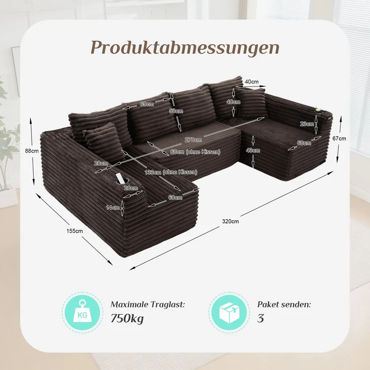 ZUBALIYA Wohnlandschaft 155x88 cm, mit Samtbezug, mit Cordbezug, mit breiten Armlehnen, mit Schaumstoffpolsterung – Bild 3