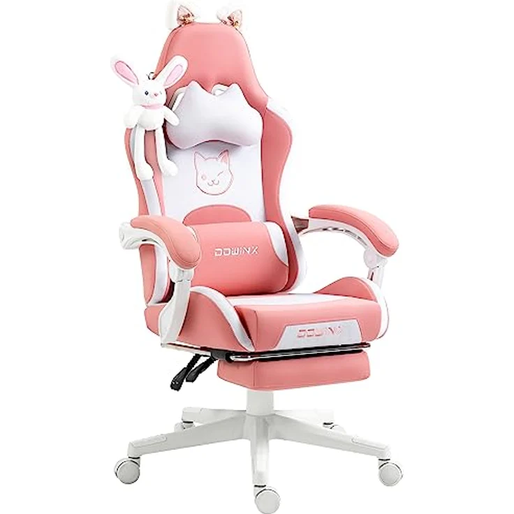 Dowinx Gaming Stuhl - Süße Katze Edition - Ergonomischer Computerstuhl mit Hoher Rückenlehne und Lendenwirbelstütze, PU-Leder, Fußstütze,Rosa – Bild 2