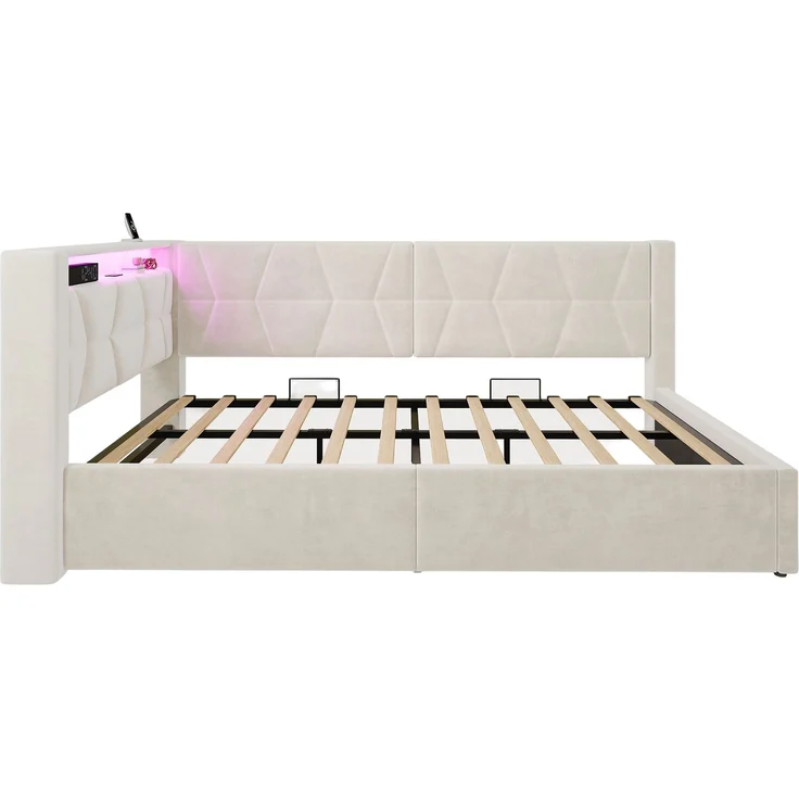 LVHOM Einzelbett 90x200 cm mit Stauraum, Polsterbett mit LED, USB und Type-C, Jugendbett, Hydraulischem Bettgestell, Samt, Beige – Bild 10