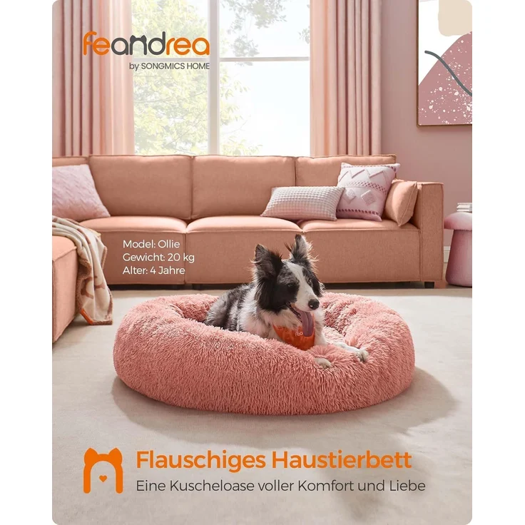 Feandrea Hundebett flauschig, Donut Kissen, waschbar, Polsterung in der Mitte herausnehmbar, Langer Plüsch, rosa, 100x20 cm – Bild 2