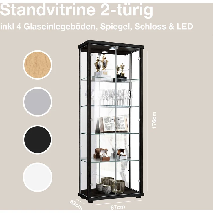K-Mbel Glas Vitrinenschrank 2-trig (176x67x33cm) - Made in Germany - Standvitrine Schwarz mit 4 hhenverstellbaren Glasbden, Spiegel, Schloss & LED - Glasvitrine Stehend - Sammler – Bild 3