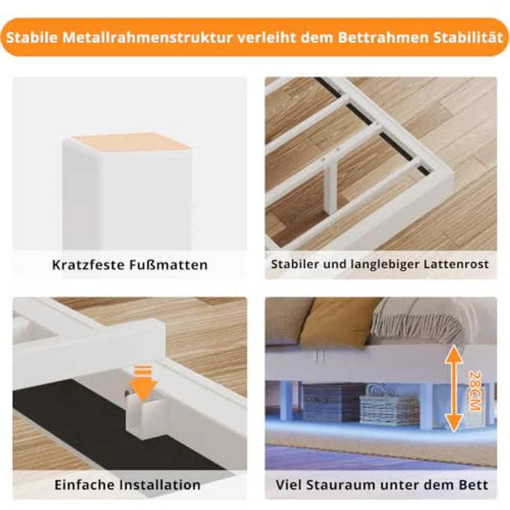 IRONCK Bettgestell 120x200 cm, Schwebender Bett mit LED Beleuchtung, Gepolsterte Seitenwände, 2 AC-Steckdosen, 2 USB-A-Anschluss, 1 USB-C-Anschluss, Metallbett mit Lattenrost Einzelbett, Weiß – Bild 6