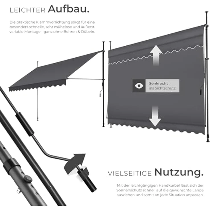 tectake® Klemmmarkise mit Handkurbel, Balkon Markise ohne Bohren, Markise höhenverstellbar, UV-beständig, wasserabweisend, Terrassenüberdachung, Sonnenschutz Terrasse & Balkon, 350 cm - schwarz/grau – Bild 4