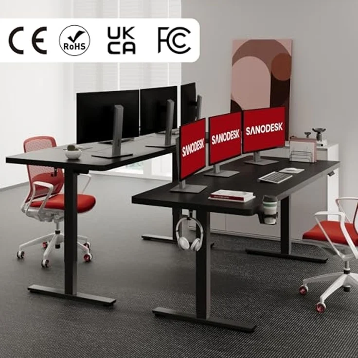 SANODESK Höhenverstellbarer Schreibtisch mit VOLLSTÄNDIGER TISCHPLATTE, 4 Zubehörteilen (Becherhalter, Haken, Aufbewahrungsbox, Kabelmanagement), ergonomisch für Büro und Homeoffice, Schwarz, 110x54CM – Bild 2