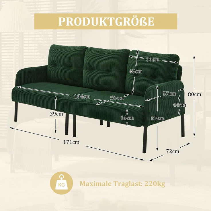 LVHOM 3-Sitzer Sofa mit Metallsockel, Polstersofa mit Seitentaschen, Loungesofa aus Cordstoff, Ergonomisches Stoffsofa, 171x72x80cm – Bild 6