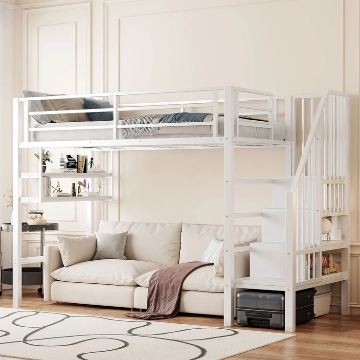 Kinder Hochbett 90x200 cm Metall mit Regalen Stauraum Leiter und Spielbereich unter dem Bett Weiss – Bild 1