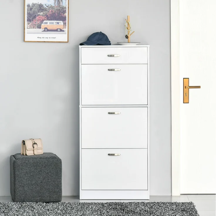 Schuhschrank – 3 Klapptüren und eine ausziehbare Schublade – Maße: 62 B x 24 T x 135 H cm, weiß – Bild 4