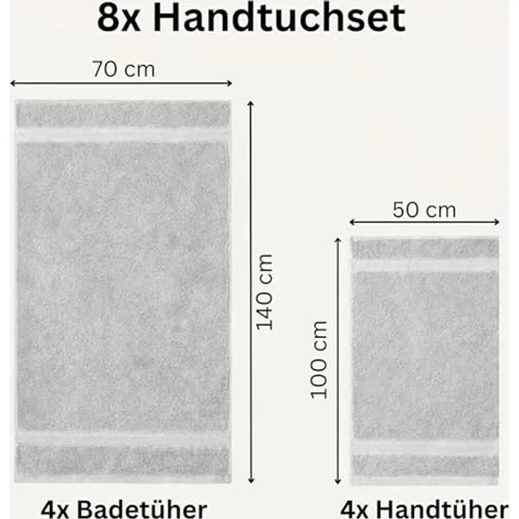 Komfortec 8er Handtuch Set aus 100% Baumwolle, 4 Badetücher 70x140 und 4 Handtücher 50x100 cm, Frottee, Weich, Towel, Groß, Weiß – Bild 4