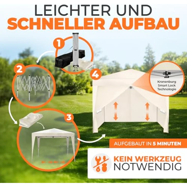 Kronenburg Faltpavillon wasserdicht Dachmaß 2x2 m UV Schutz 50+ Pavillon in Champagner mit 4 Seitenteilen – Bild 5