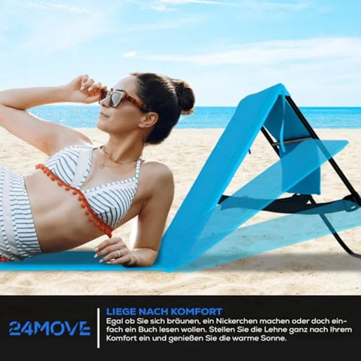 24Move Strandtuch, Strandmatte, Klappbare Campingliege, Tragetasche, (für Urlaub oder Garten), faktbar zur Tasche und Gurt, 1er, blau, Strandtuch – Bild 3