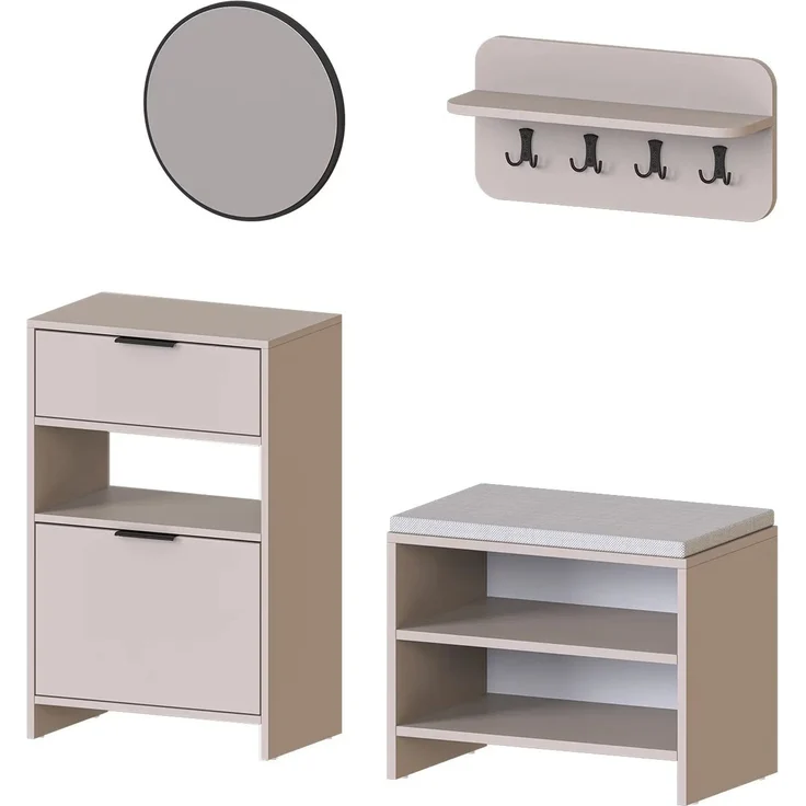 Roomart LENA Garderobenset 4-teilig – Schuhschrank, Sitzbank, Wandgarderobe & runder Spiegel – kompakte Flurgarderobe 120 cm – H 95 x B 60 x T 37 cm (Schuhschrank) • Beige – Bild 7