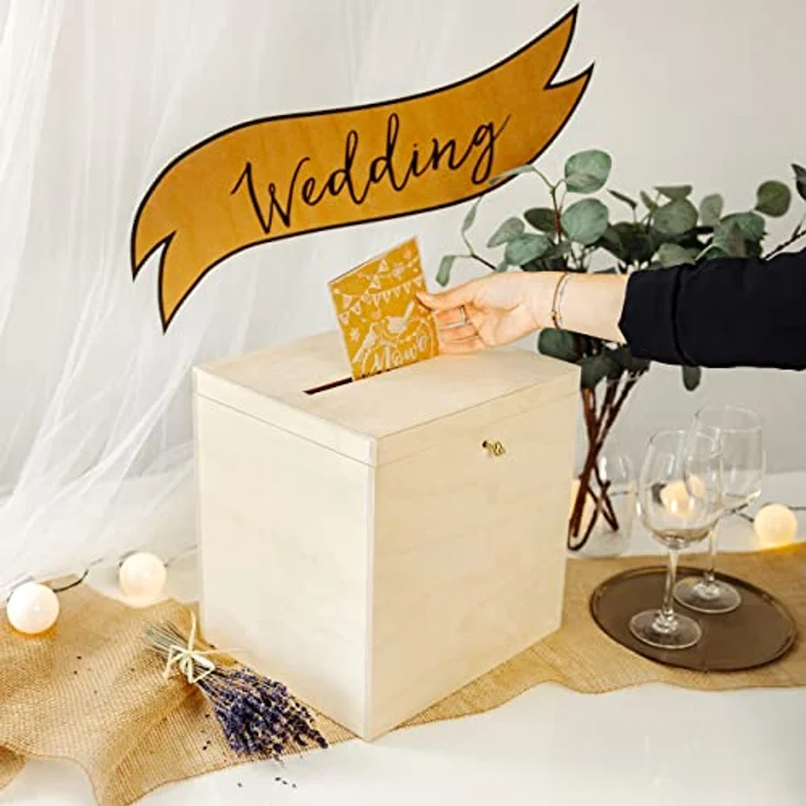 Creative Deco Dekokiste Kartenbox Hochzeit 29x25x30 cm Geschenkkarten Box Geldbox Briefbox, mit Deckel, Schloss und Schlüssel – Bild 3