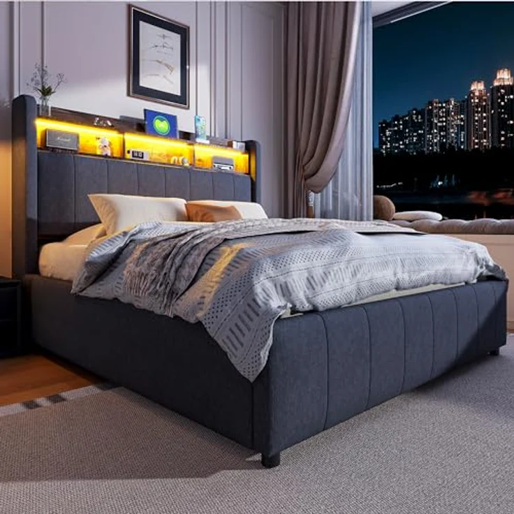 Ball & Cast Polsterbett (140x200 cm) mit hydraulischem Stauraum, Doppelbett mit Beleuchtung und USB-Ladefunktion, Einfach & Zeitsparend Montierbar, Grau – Bild 4