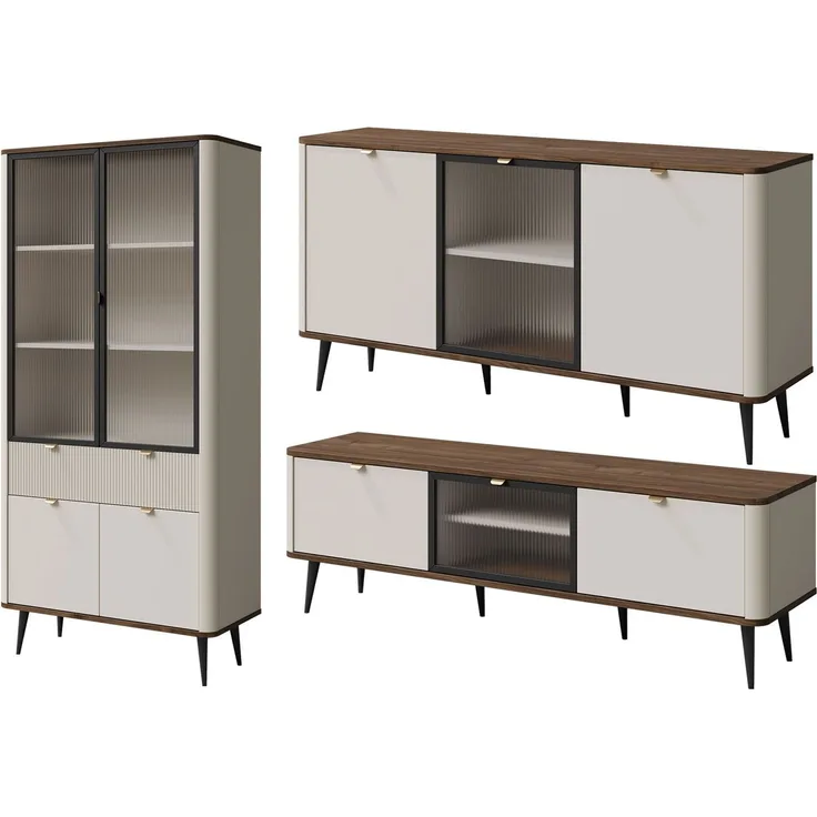 Wohnzimmer-Set Marly Wohnwand-Set Vitrine Lowboard Farbe: braun