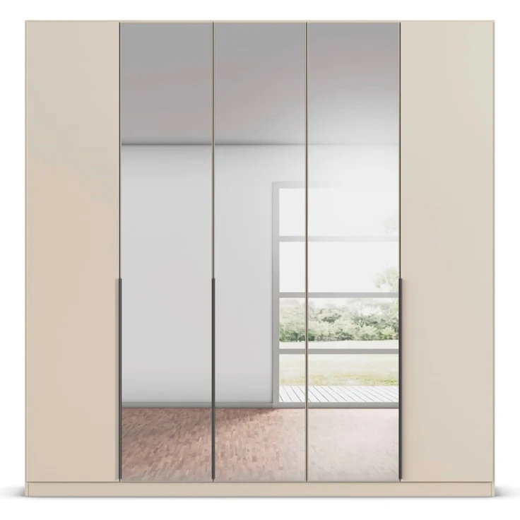 Rauch Möbel Alabama, Kleiderschrank, Garderobenschrank, 5-türig, Spiegel, Zubehör Classic, 3 Kleiderstangen, 9 Einlegeböden, Farbe Beige, Griff Grau metallic, 226 x 229 x 54 cm – Bild 8