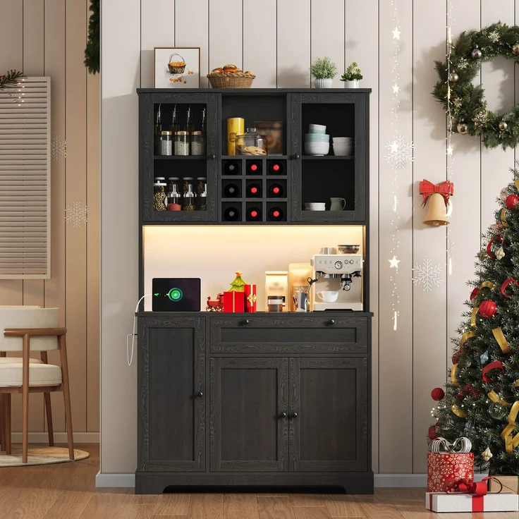 Küchenschrank, Hochschrank, Aufbewahrungsschrank, Vitrinenschrank mit Tür, integriertem Gewürzregal, verstellbaren Einlegeböden,mit farbwechselnder LED-Beleuchtung und Steckdose, 180 × 105 × 40 cm--Schwarz--105x40x180cm--YOUDENOVA – Bild 8
