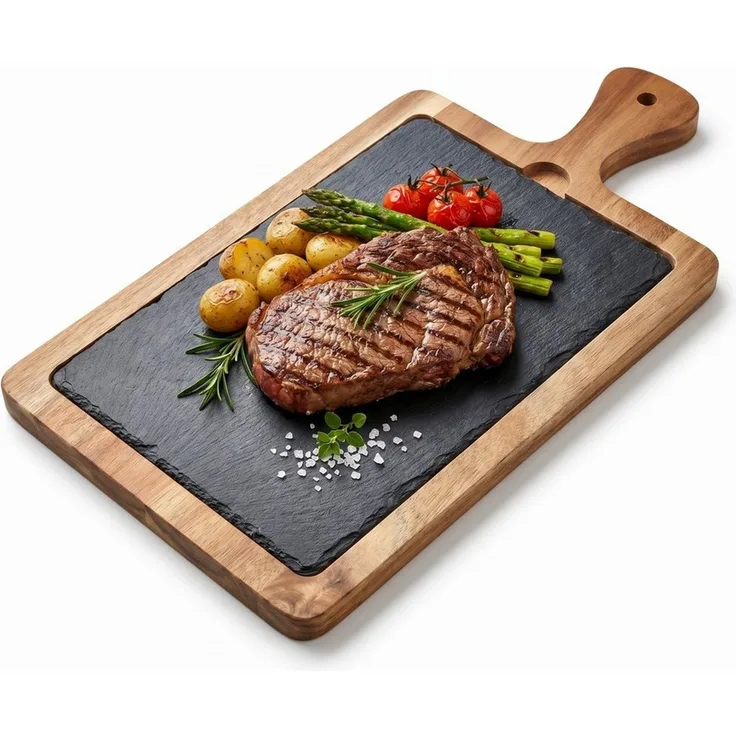 hausleben Servierplatte Servierbrett mit Griff 45x15 cm, (1-tlg), Akazienholz Servierbrett mit Schiefereinsatz