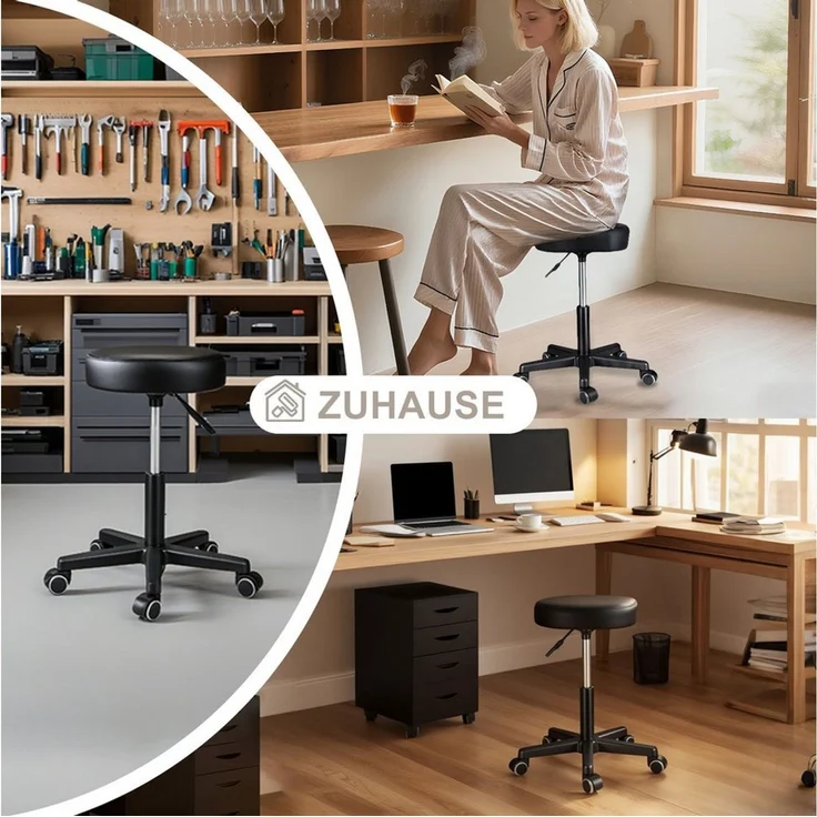 Zedelmaier Hocker Drehhocker Bürohocker Barhocker Arbeitshocker Polsterung, 44-58cm Höhenverstellbarer, 360°drehbar mit 5 Rollen – Bild 2