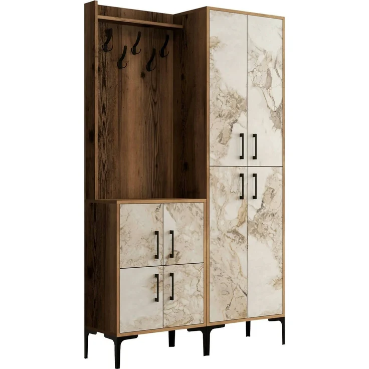 Dmora Eingangsmöbel Eufemia, Moderner Eingang, Wandgarderobe, Multifunktions-Aufbewahrungskonsole, 120x35h200 cm, Nussbaum und Weißer Marmor – Bild 1
