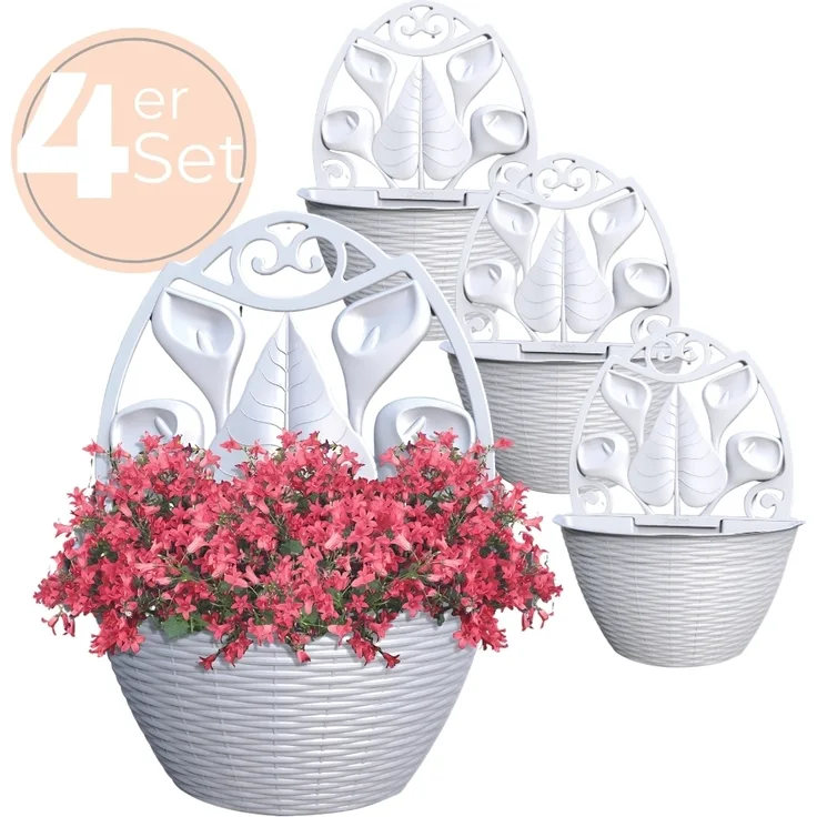 4er Set Blumentopf Wand Blumentopf Wandmontage Wandblumentopf Wandvasen für Pflanzen Pflanzen Wandhalterung Wandtopf Außenbereich 32 cm Weiß Rattan Optik