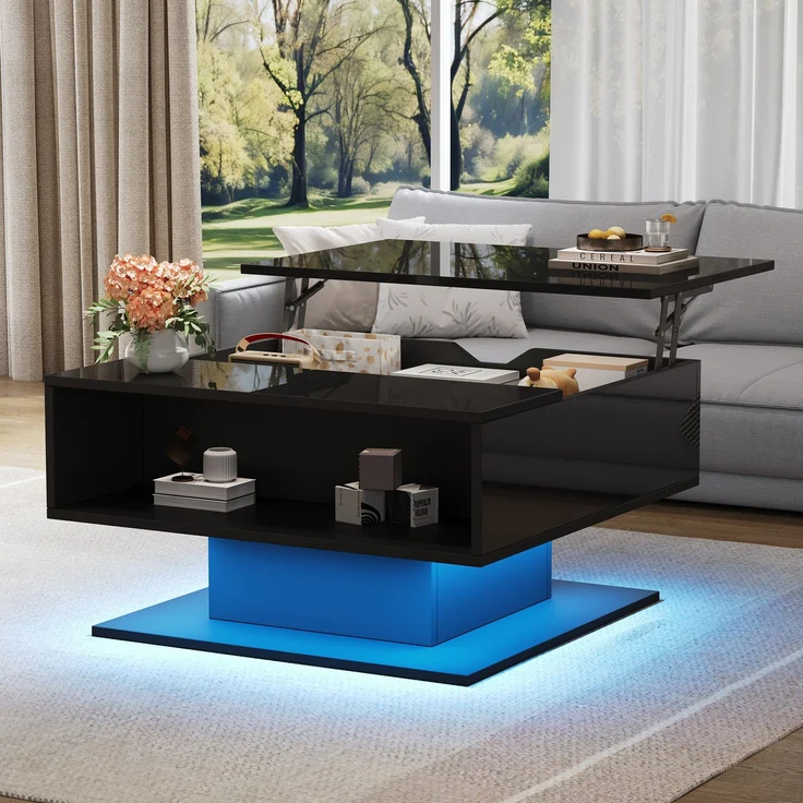 Couchtisch mit LED-Beleuchtung, verstecktem Stauraum und Hochglanzoptik, Lift-Design Sofatisch in Schwarz, mit USB-Anschluss – Bild 1