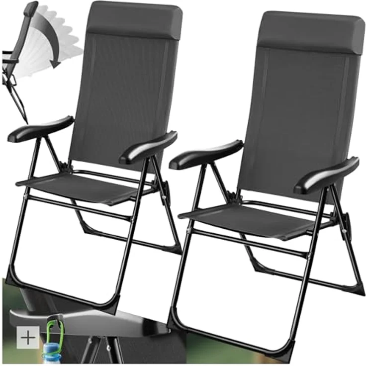 tectake® Essstühle Hochlehner, Gartenmöbel Set, Essstuhl 7-Fach verstellbar, Gartenstuhl, Campingstuhl, Balkon Möbel, Camping Stuhl, Gartenstühle - anthrazit, 2er Set – Bild 1
