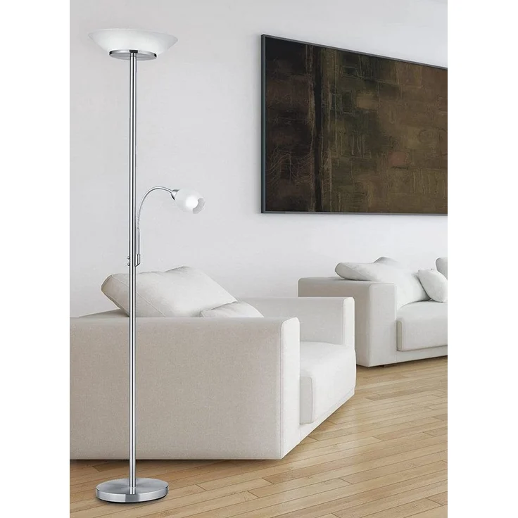 lightling Deckenfluter Klaus, Lichtquellen getrennt schaltbar, ohne Leuchtmittel, mit flexibler Leselampe, 180 cm hoch, nickel, Leuchtmittel tauschbar – Bild 2