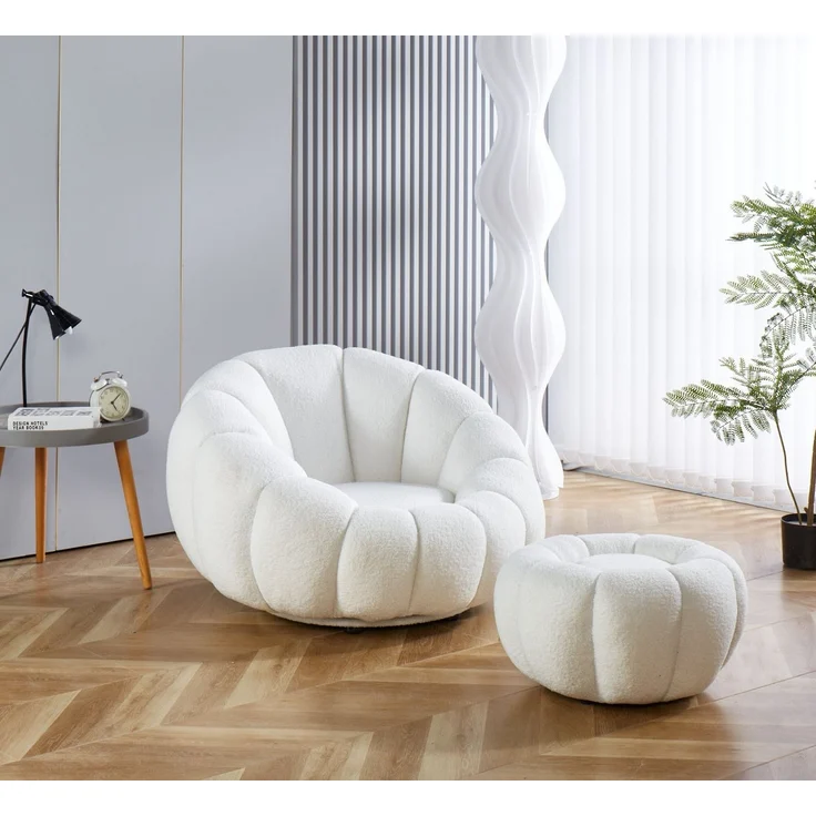Sessel und Hocker Set aus Teddyfell Weiß 97 x 95 x 65 cm – Bild 2