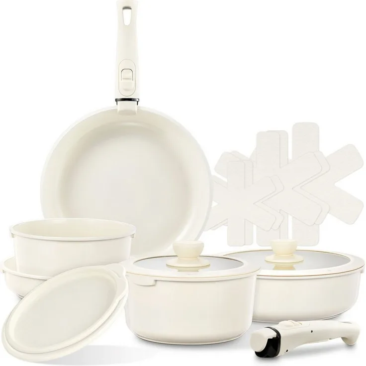 FOHERE Topf-Set Topfset 16-teiliges Topf- und Pfannenset, antihaftbeschichtet, Keramik-Antihaftbeschichtung (Set, 16-tlg), mit abnehmbarem Griff
