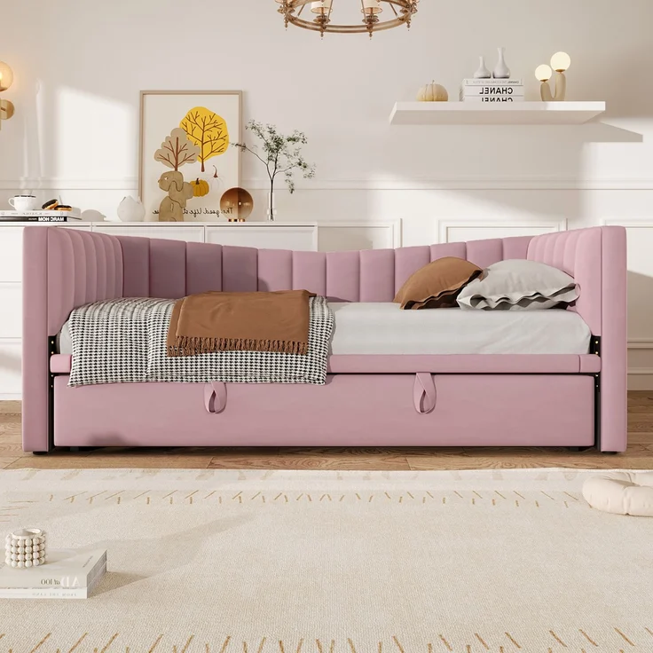Polsterbett 90x200cm ausziehbar 180x200 cm,Samt Daybett mit ausziehbarem Rollbett, multifunktionales Gästebett in Rosa – Bild 3