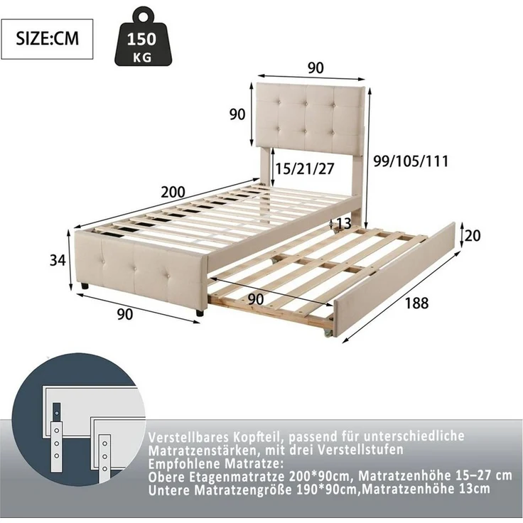Flieks Polsterbett, Einzelbett 90x200 cm mit verstellbarem Kopfteil/ Ausziehbett 90x190 cm – Bild 2