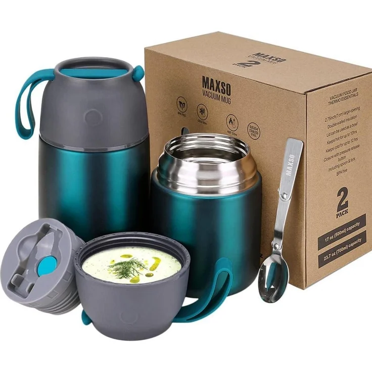 Thermobehälter Edelstahl Warmhaltebecher 500ml 700ml faltbare Löffel Grün – Bild 1