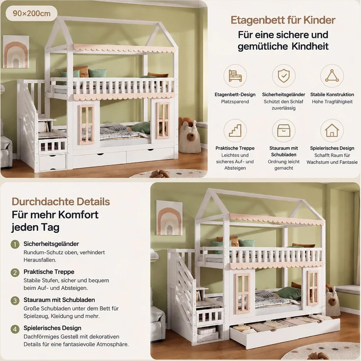 ZUBALIYA Etagenbett, Kinderbett, Hausform, Seitlicher Stauraumschrank mit Leiter, 2 Schubladen, Dekorative Holzfenster und Zierleisten, Kiefer+MDF, Weiß+Natur, 90x200 cm, Natur / Weiß – Bild 10
