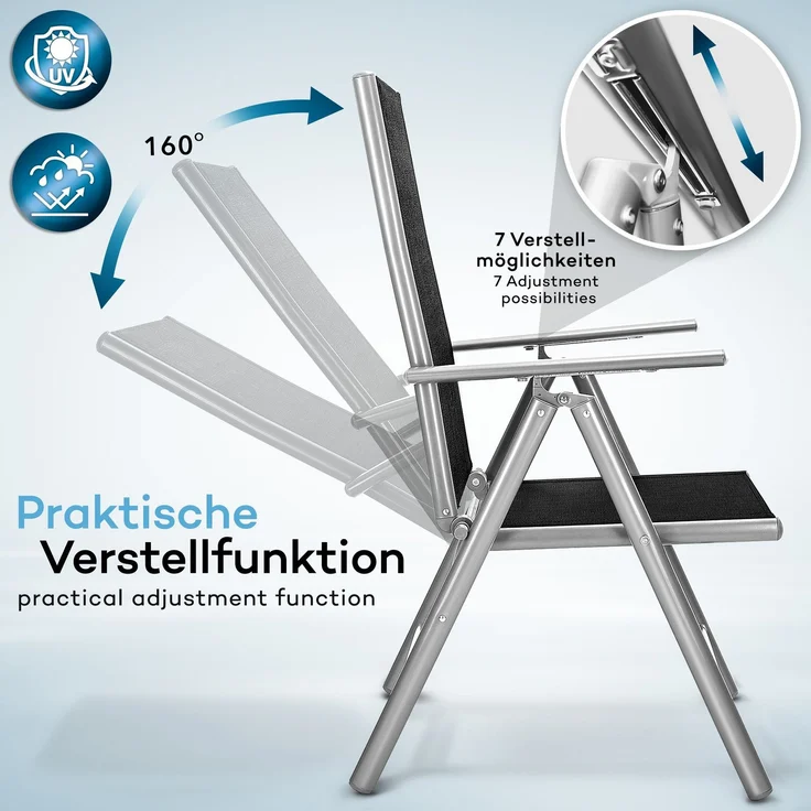 tillvex Gartenstuhl Silber klappbar aus Aluminium | Hochlehner mit Armlehnen | Klappstuhl verstellbar | Klappsessel Balkon Garten Terrasse – Bild 2