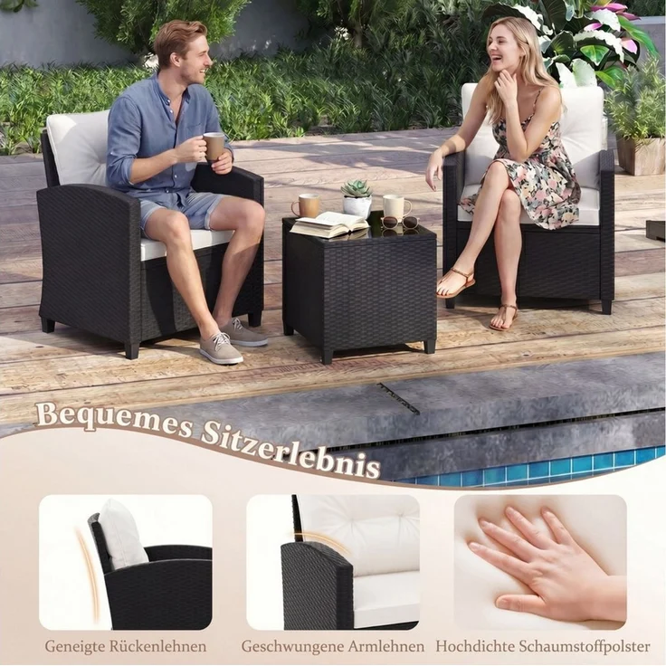 COSTWAY Balkonset, (3-tlg), Gartenmöbel Set Rattan mit Kissen, 2 Stühlen, Tisch – Bild 3