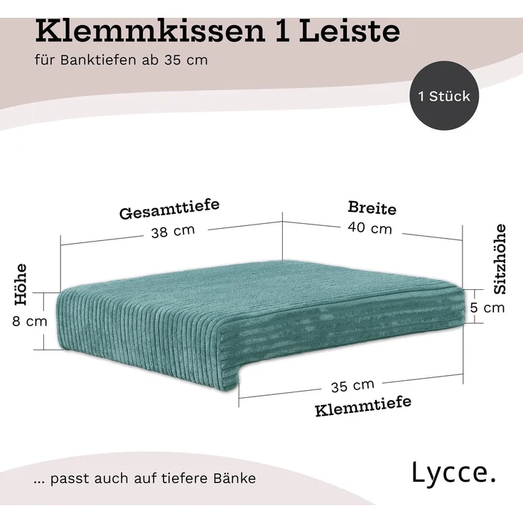 Lycce Bankauflage Klemmkissen mit Leiste - Cord, Polsterung, rutschfest Türkis 8x40x38cm – Bild 4