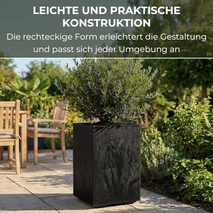LAMELA Pflanzkübel mit Rollen Höhe 60 cm, 36L – Blumentopf aus Kunststoff in Betonoptik – Übertopf mit Wasserablauf – Modern für Innen & Außen - Wetterfest & Pflegeleicht, Schwarz – Bild 5