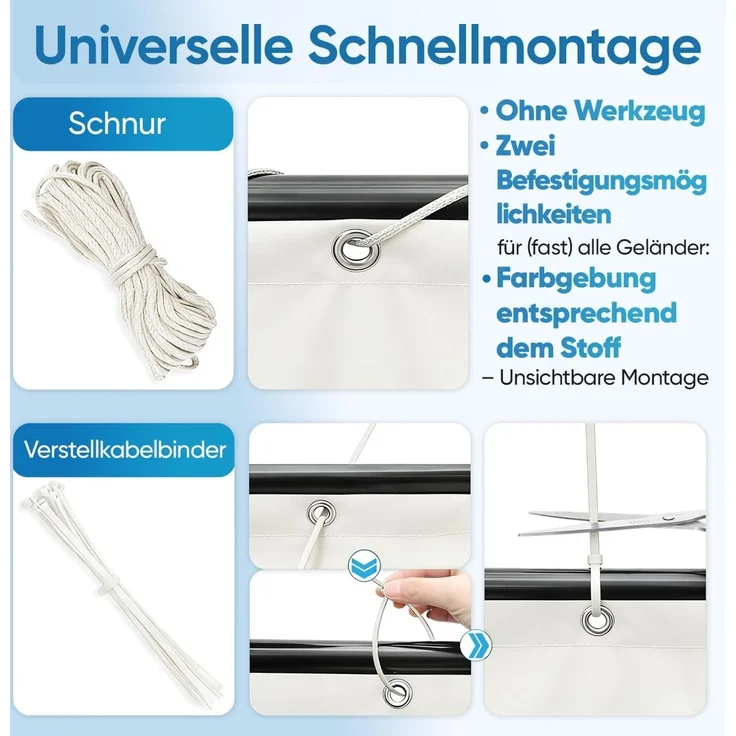 Sekey Balkon Sichtschutz Balkonabdeckung Balkonverkleidung blickdichte Wind- und UV-Schutz, 100% Privatsphäre, mit Ösen, Nylon Kabelbinder und Kordel, 90x600cm, Weiß – Bild 4
