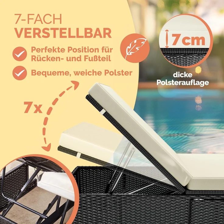 Casaria Gartenliege mit Klapptisch, wetterfest, 7-fach höhenverstellbar, Polyrattan schwarz / creme, 200 x 58 x 33 cm – Bild 5
