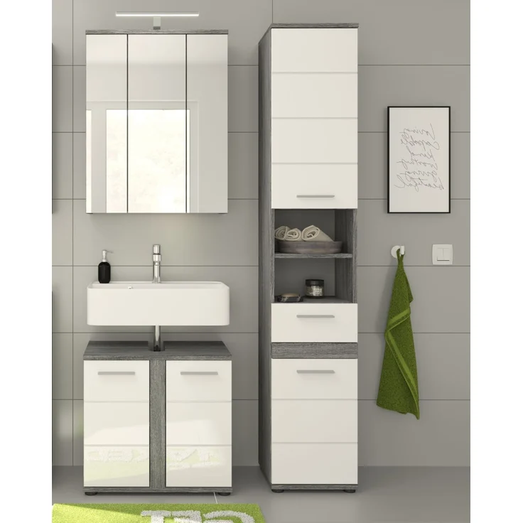 Waschbeckenunterschrank Bailey in weiß Hochglanz und grau 60 cm – Bild 5