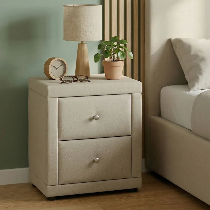 Nachtschrank 2er Set 2 Nachttische mit Schubladen Nachtkommode Beistelltisch Stoff Beige Schlafzimmer – Bild 2