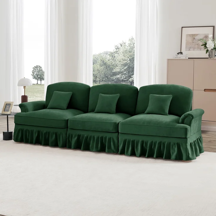 Elegantes Mid-Century 3-Sitzer Sofa, Chenille, Trichter-Armlehnen, abnehmbare Rüschenschürze, spindelförmige Beine, komfortables Sofa fürs Wohnzimmer, Grün – Bild 3