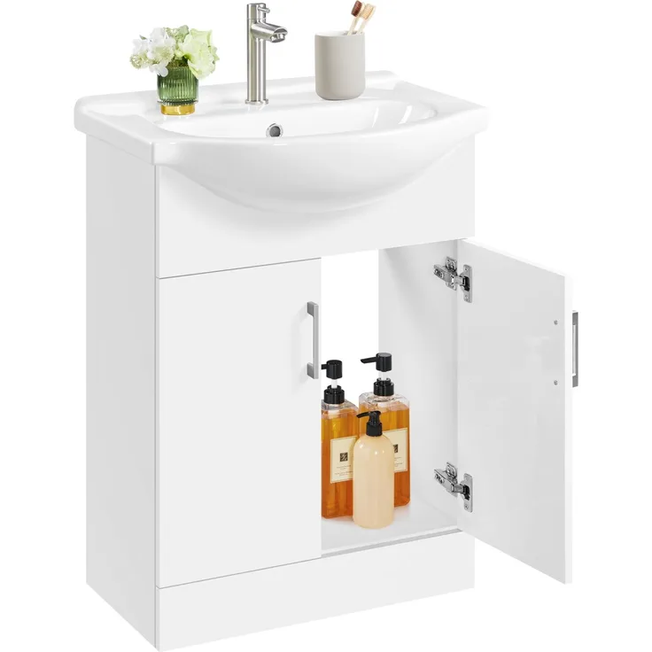 Yaheetech Waschbeckenunterschrank Badezimmerschrank Unterschrank mit Waschbecken Badmöbel 2er Set Badschrank Standschrank mit 2 Türen Waschtischunterbau Keramikbecken Hochglanz, 61 x 43,5 x 84 cm