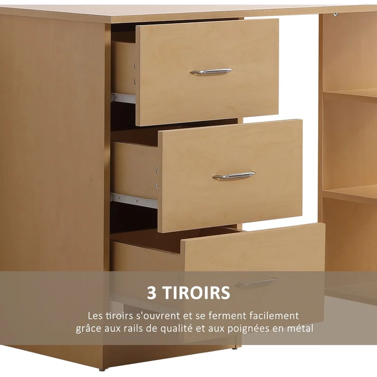 Schreibtisch mit Stauraum, Computertisch 120 x 50 cm, Computertisch mit Regalen und Schubladen, für kleine Räume, Schlafzimmer, helle Holzoptik – Bild 7
