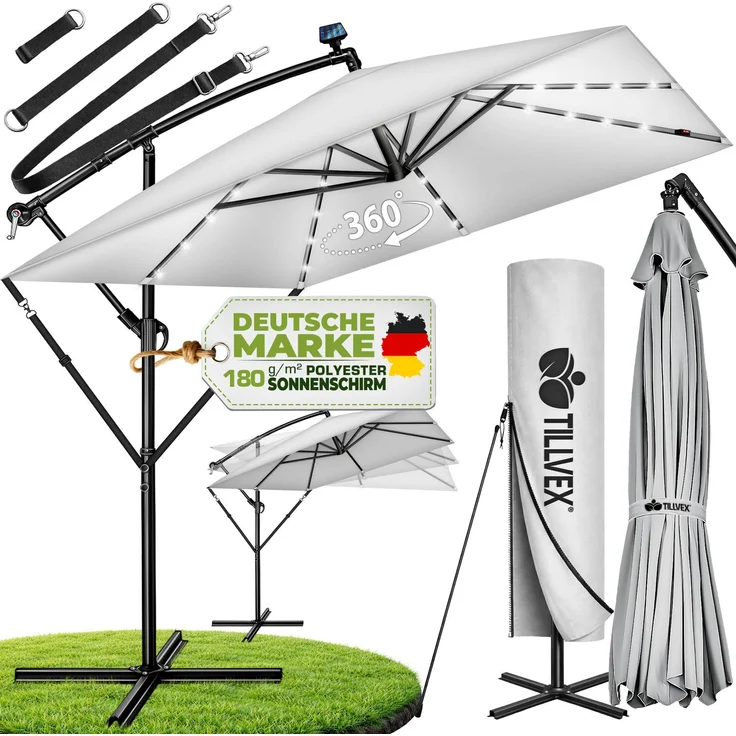 tillvex® Alu Sonnenschirm Rechteckig Ø 330 cm mit LED Solar Grau + Abdeckung mit Kurbel | Ampelschirm mit Ständer & Windschutz | Gartenschirm UV-Schutz, wasserdicht, 360° drehbar | Kurbelschirm Marktschirm – Bild 6