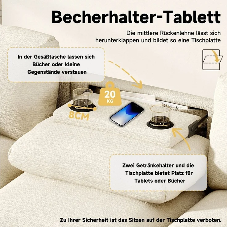 Merax 3-Sitzer Sofa aus weichem Chenille, Multifunktionssofa mit USB-Anschluss, für Wohnzimmer, Büro und Heimkino 1 Teile, XXL Sofa mit klappbarer Rückenlehne, Getränkehalter & Stauraum – Bild 3