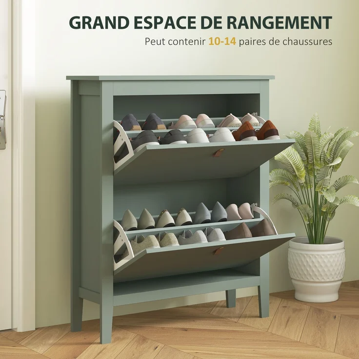 Schuhschrank für 14 Paar Schuhe, Schuhschrank mit 2 Klappschubladen, herausnehmbaren und verstellbaren Einlegeböden, grün – Bild 6